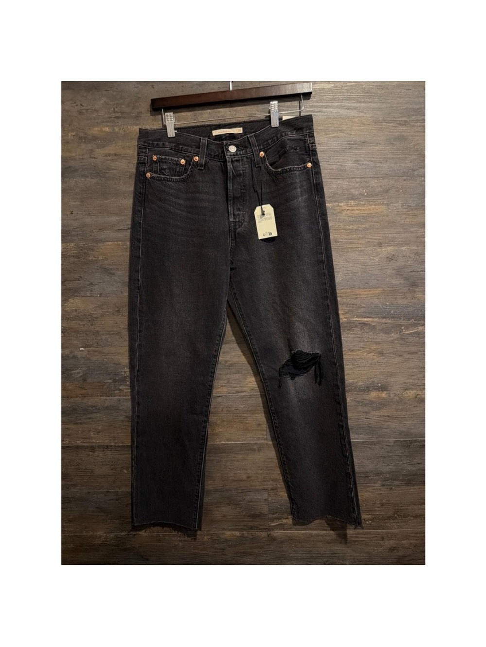 Levis Wedgie Straight Jeans Womens 29x28 Black Distressed High Rise Button Fly